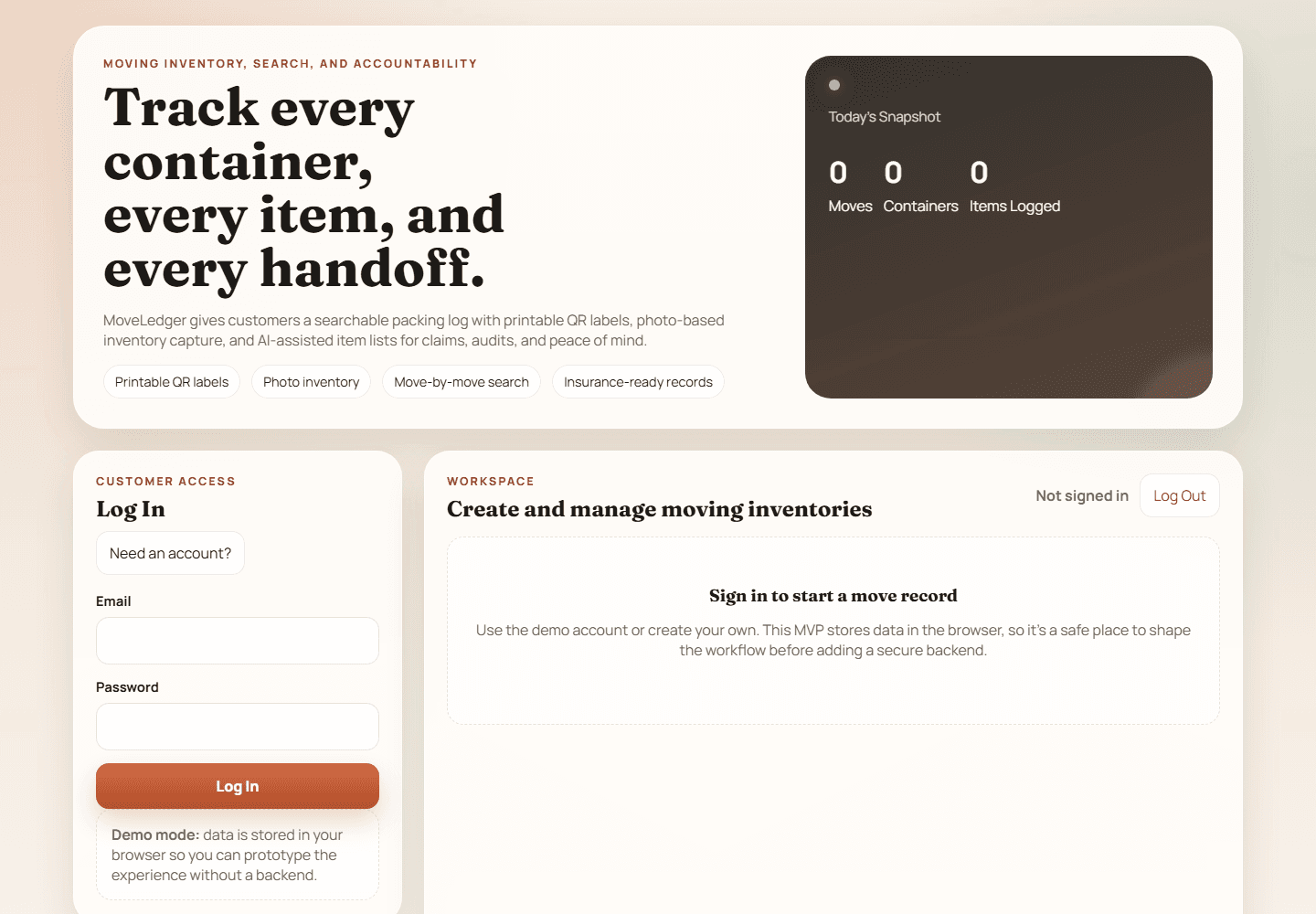 Screenshot of the MoveLedger inventory app